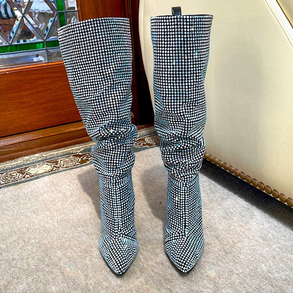 Below the knee ruched stiletto boots with crystals throughout. Size 8. New
